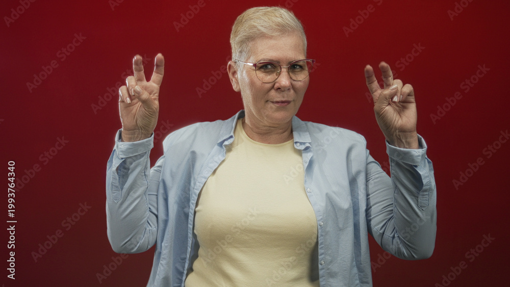 Naklejka premium Woman making air quotes with both hands, wearing glasses and a light button shirt in a red studio; playful skepticism.