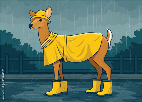 Deer wearing a yellow raincoat and boots in the rain illustration for whimsical weather concepts
