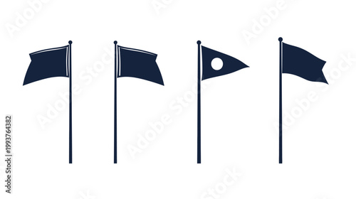 Four stylized dark blue flags on poles, each with unique shapes and designs, set against white