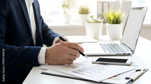 Businessman typing on laptop at bright desk with plant background
