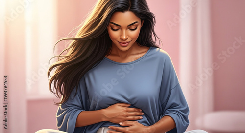 Woman experiencing stomach pain or discomfort.