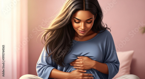 Woman experiencing stomach pain or discomfort.