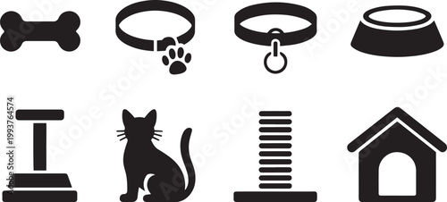 Pet supplies silhouette icons dog cat and accessories collection