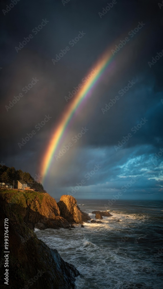 Obraz premium Dramatic Rainbow Over Rocky Coastline at Sunset