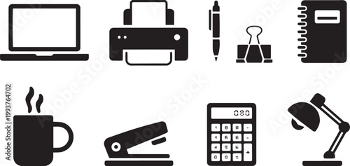 Black silhouette office supplies set laptop printer pen and more