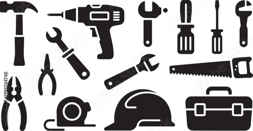 Black silhouette tool set hammers drills wrenches and safety gear icons
