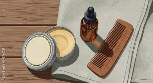 Grooming tools and skincare products arranged.
