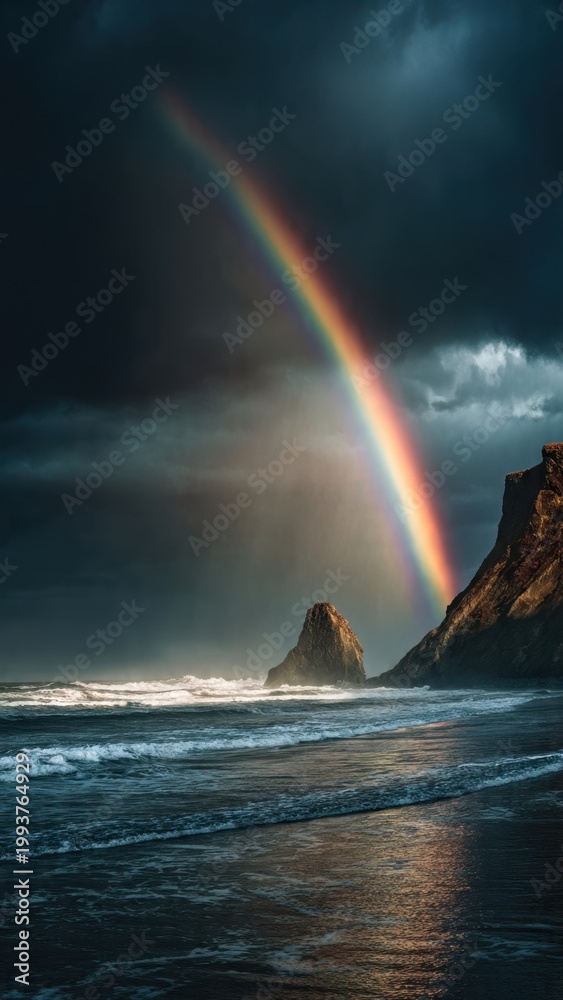 Obraz premium Dramatic Rainbow Over Rocky Coastline at Sunset