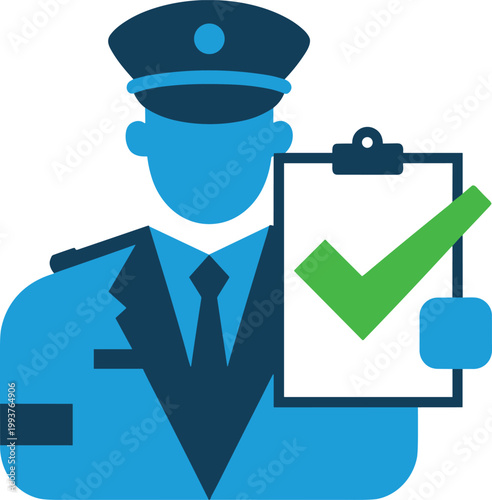 Officer silhouette with clipboard approval and authority icon
