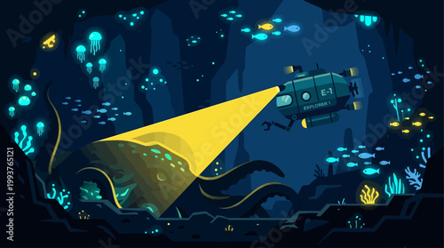 An evocative Flat Design illustration of a deep-sea submersible exploring the mysterious depths of an ocean trench, highlighted by bioluminescent organisms.