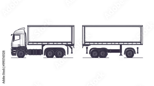 A detailed illustration of a semi-truck and separate trailer in a minimalist outline style