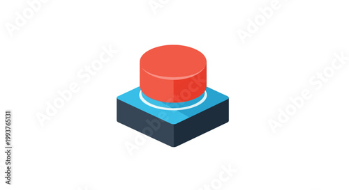 Isometric red button icon on blue square isolated illustration