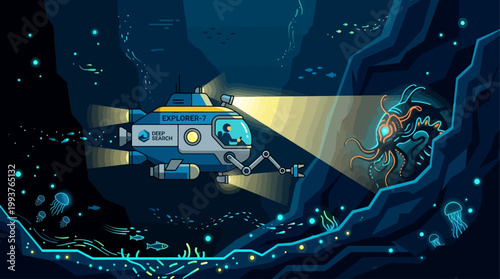 An evocative Flat Design illustration of a deep-sea submersible exploring the mysterious depths of an ocean trench, highlighted by bioluminescent organisms.