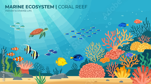 A vibrant underwater scene depicting a bustling coral reef teeming with diverse marine life, rendered in a clean and modern Flat Design style.