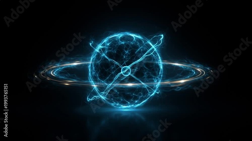 Futuristic nuclear energy concept with a glowing reactor sphere, blue energy pulses, clean modern design, set against a minimal dark background, emphasizing high-tech sustainability and precision.
