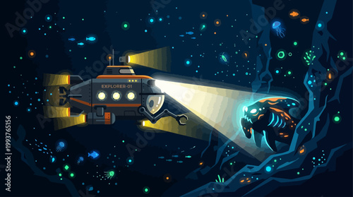 An evocative Flat Design illustration of a deep-sea submersible exploring the mysterious depths of an ocean trench, highlighted by bioluminescent organisms.