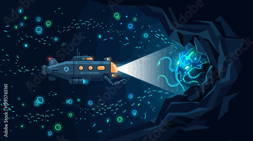 An evocative Flat Design illustration of a deep-sea submersible exploring the mysterious depths of an ocean trench, highlighted by bioluminescent organisms.