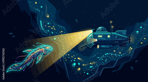 An evocative Flat Design illustration of a deep-sea submersible exploring the mysterious depths of an ocean trench, highlighted by bioluminescent organisms.
