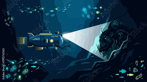 An evocative Flat Design illustration of a deep-sea submersible exploring the mysterious depths of an ocean trench, highlighted by bioluminescent organisms.