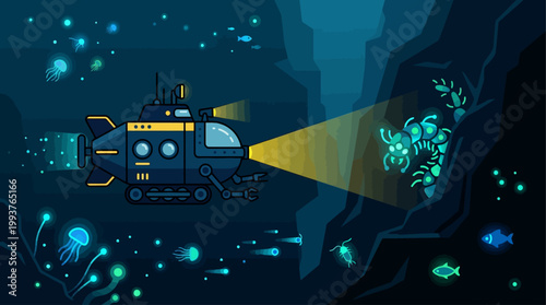 An evocative Flat Design illustration of a deep-sea submersible exploring the mysterious depths of an ocean trench, highlighted by bioluminescent organisms.