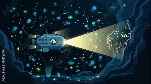 An evocative Flat Design illustration of a deep-sea submersible exploring the mysterious depths of an ocean trench, highlighted by bioluminescent organisms.