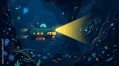 An evocative Flat Design illustration of a deep-sea submersible exploring the mysterious depths of an ocean trench, highlighted by bioluminescent organisms.