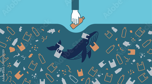 A powerful Flat Design illustration depicting a whale navigating an ocean polluted with plastic waste, with a symbolic hand intervening. 