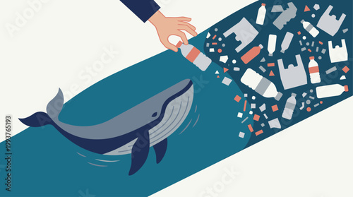 A powerful Flat Design illustration depicting a whale navigating an ocean polluted with plastic waste, with a symbolic hand intervening. 