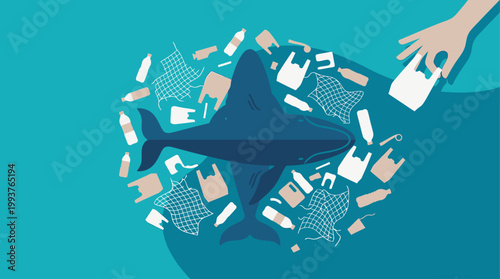 A powerful Flat Design illustration depicting a whale navigating an ocean polluted with plastic waste, with a symbolic hand intervening. 