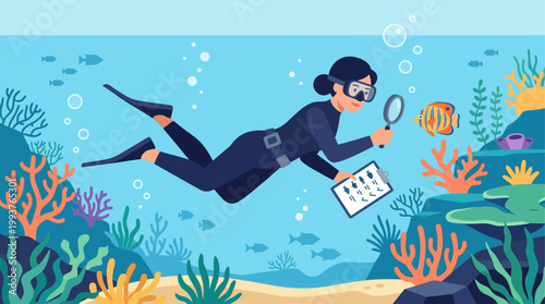 A compelling Flat Design illustration of a female marine biologist actively studying marine life underwater with a magnifying glass. 