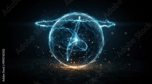 Futuristic nuclear energy concept with a glowing reactor sphere, blue energy pulses, clean modern design, set against a minimal dark background, emphasizing high-tech sustainability and precision.