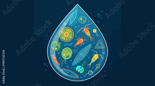 A captivating Flat Design illustration showcasing the intricate beauty of microscopic marine life, such as plankton and diatoms, within a single drop of water. 
