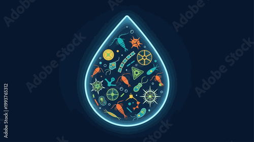A captivating Flat Design illustration showcasing the intricate beauty of microscopic marine life, such as plankton and diatoms, within a single drop of water. 