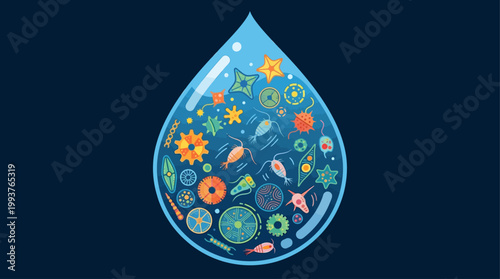 A captivating Flat Design illustration showcasing the intricate beauty of microscopic marine life, such as plankton and diatoms, within a single drop of water. 