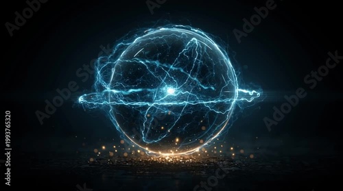 Futuristic nuclear energy concept with a glowing reactor sphere, blue energy pulses, clean modern design, set against a minimal dark background, emphasizing high-tech sustainability and precision.