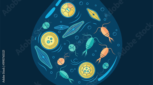 A captivating Flat Design illustration showcasing the intricate beauty of microscopic marine life, such as plankton and diatoms, within a single drop of water. 