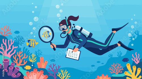 A compelling Flat Design illustration of a female marine biologist actively studying marine life underwater with a magnifying glass. This visual represents scientific research and dedicated observatio