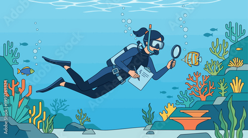 A compelling Flat Design illustration of a female marine biologist actively studying marine life underwater with a magnifying glass. This visual represents scientific research and dedicated observatio
