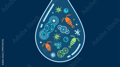 A captivating Flat Design illustration showcasing the intricate beauty of microscopic marine life, such as plankton and diatoms, within a single drop of water. 