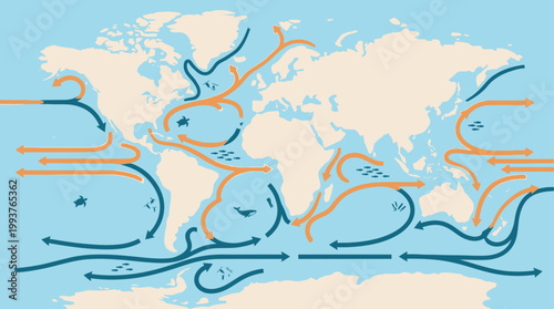 A dynamic Flat Design illustration depicting global ocean currents as swirling arrows and gradients across a world map. 