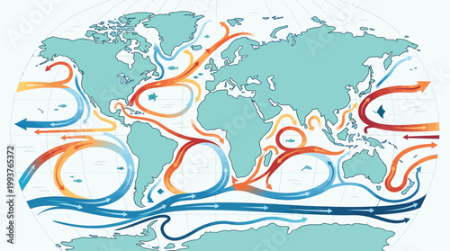 A dynamic Flat Design illustration depicting global ocean currents as swirling arrows and gradients across a world map. 