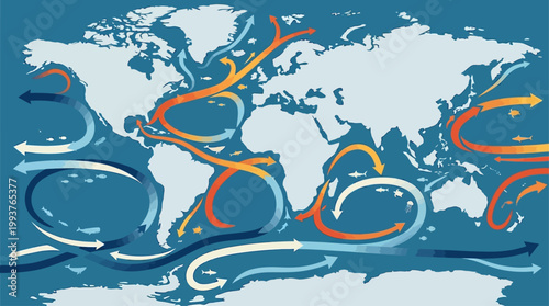 A dynamic Flat Design illustration depicting global ocean currents as swirling arrows and gradients across a world map. 