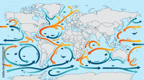 A dynamic Flat Design illustration depicting global ocean currents as swirling arrows and gradients across a world map. 