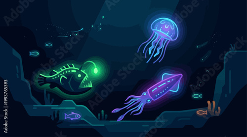 A stunning Flat Design illustration showcasing the enchanting glow of bioluminescent marine creatures in the dark deep sea.