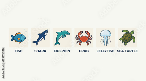 A clear Flat Design illustration presenting a collection of stylized icons for various marine species, perfect for identification and educational purposes. 