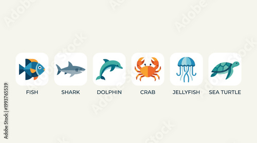 A clear Flat Design illustration presenting a collection of stylized icons for various marine species, perfect for identification and educational purposes. 