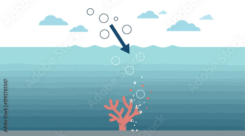 An insightful Flat Design illustration depicting the process and impact of ocean acidification, with CO2 entering the water and affecting marine life like coral polyps. 