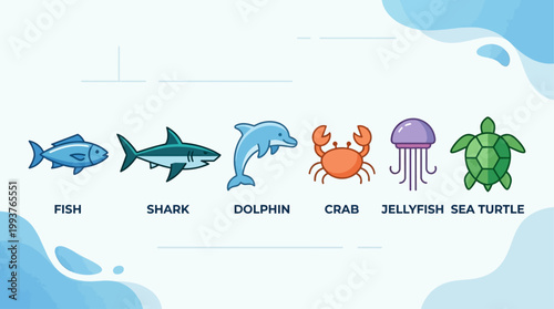 A clear Flat Design illustration presenting a collection of stylized icons for various marine species, perfect for identification and educational purposes. 