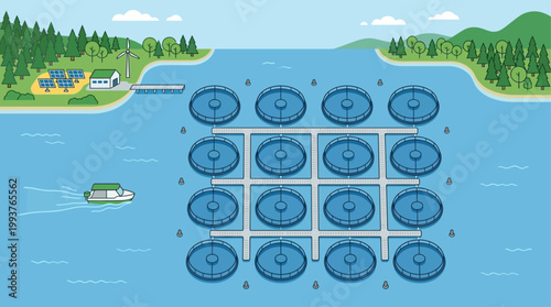 A clean Flat Design illustration of a sustainable aquaculture farm, depicting eco-friendly fish pens in harmony with the natural environment. 