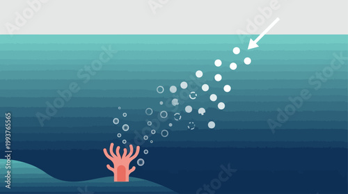 An insightful Flat Design illustration depicting the process and impact of ocean acidification, with CO2 entering the water and affecting marine life like coral polyps. 